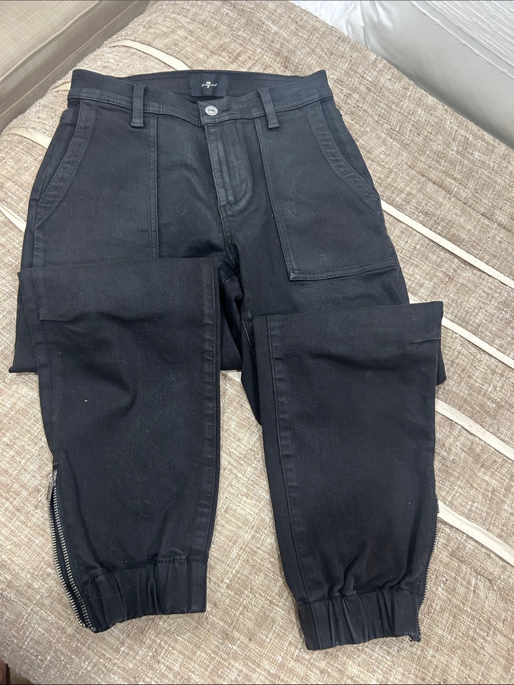7 For All Mankind Black Cropped Cargo Jeans with Elastic Ankles